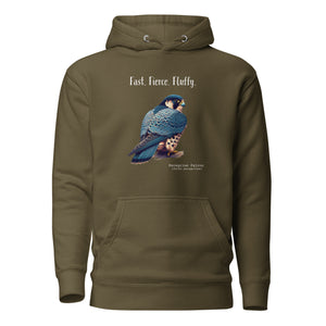 Military green, long-sleeve, bird hoodie with a peregrine falcon under the words, Fast, Fierce, Fluffy.