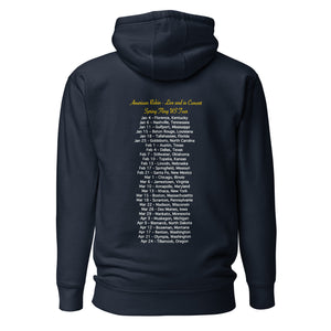 Concert style unisex hoodie in black; featuring an American Robin. View shows back of shirt which has dates and names of towns across America where you might hear an American Robin.