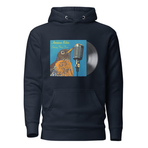 Concert style unisex hoodie in navy blue; featuring an American Robin. 