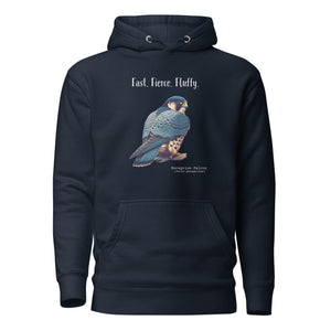 Navy, long-sleeve, bird hoodie with a peregrine falcon under the words, Fast, Fierce, Fluffy.
