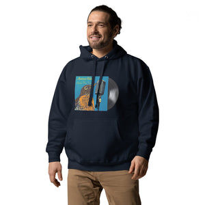 Concert style unisex hoodie in navy blue; featuring an American Robin. 