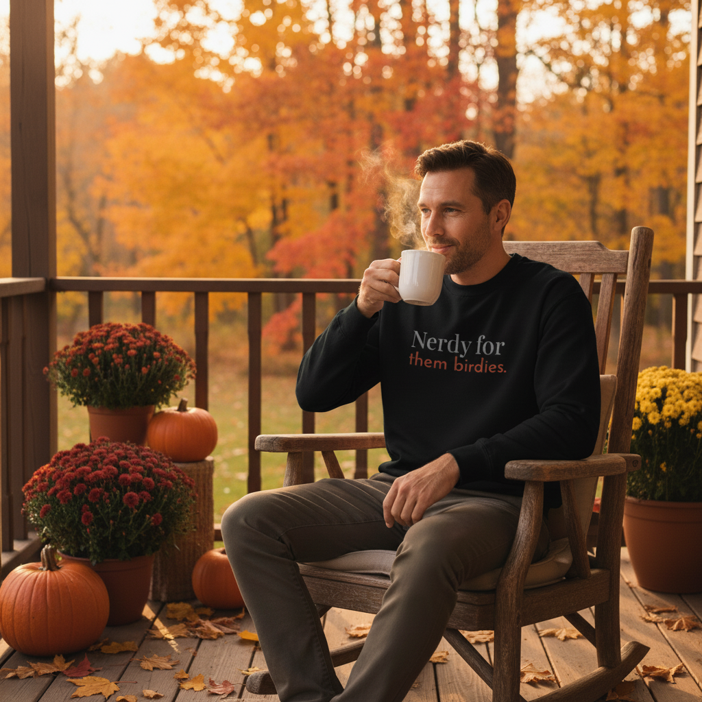 Black unisex bird sweatshirt with the words Nerdy for them birdies on the front in two coordinating fonts and colors. Worn by a man.