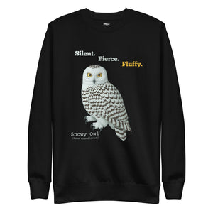 Black sweatshirt with a snowy owl graphic and text on a white background