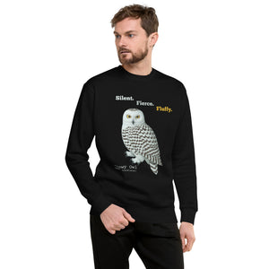 Man wearing a black long-sleeve shirt with a snowy owl design and text on a white background