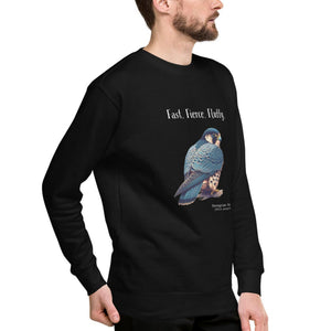 Black crewneck bird sweatshirt with a peregrine falcon under the words, Fast, Fierce, Fluffy. Worn by man against a white background.