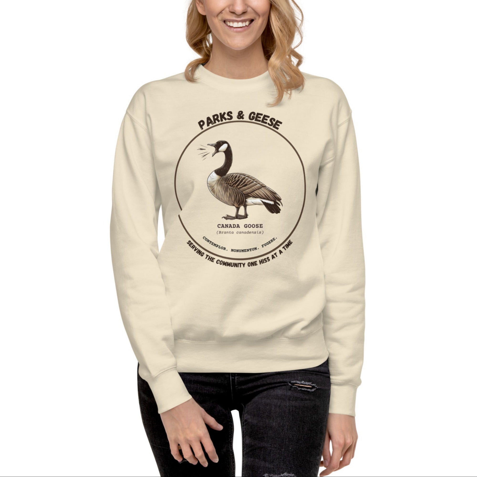 Unisex off-white bird sweatshirt with a canada goose on the front and a park department theme. 