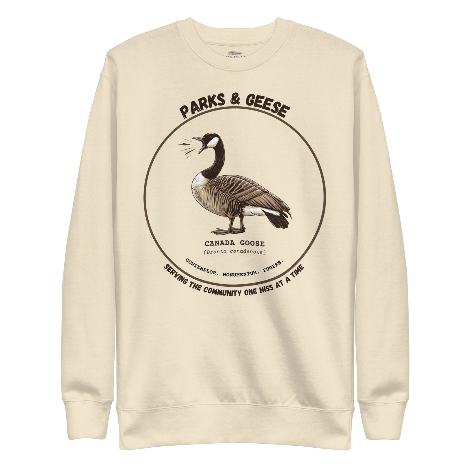 Unisex off-white bird sweatshirt with a canada goose on the front and a park department theme. 