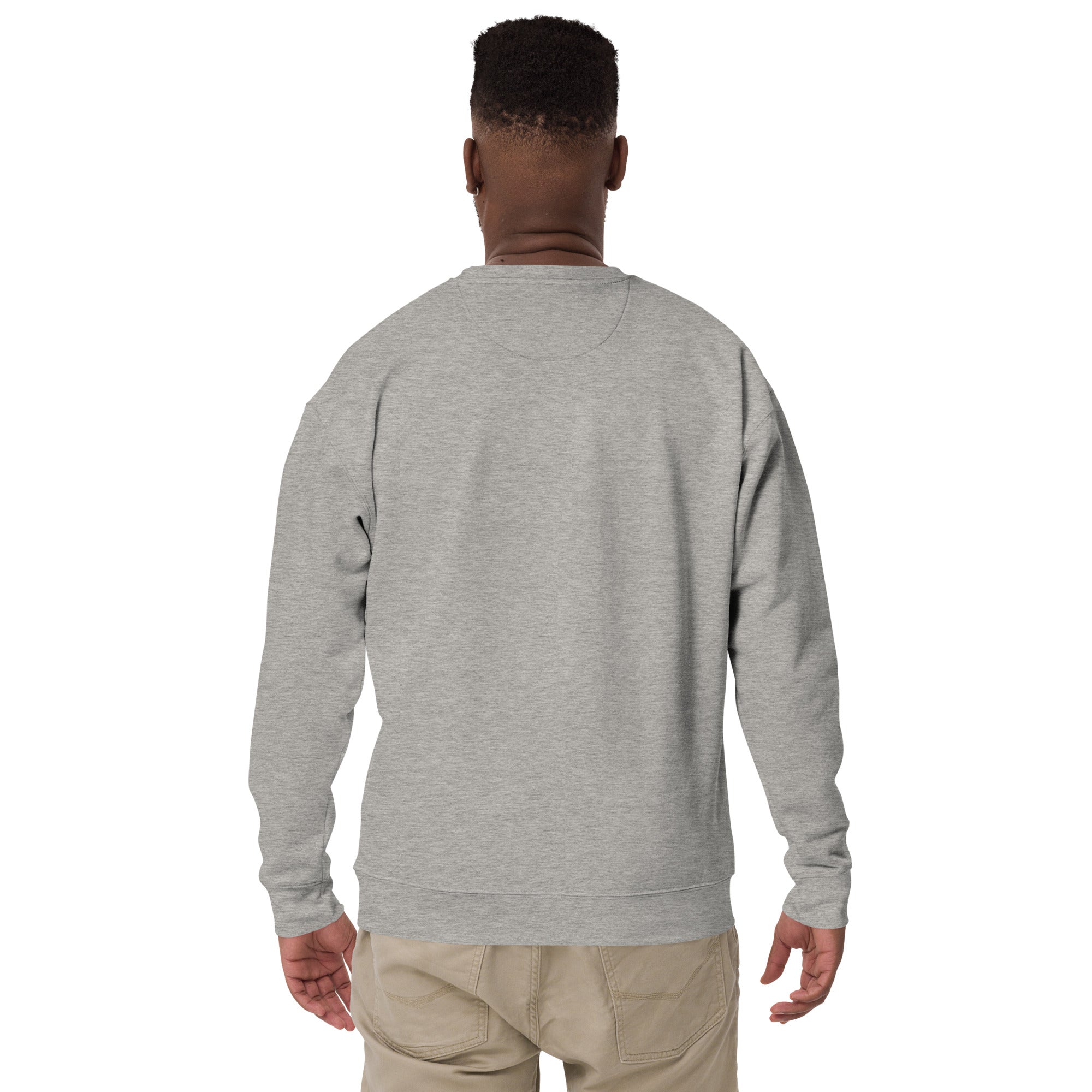 Unisex light heather gray bird sweatshirt with a canada goose on the front and a park department theme.  Worn by a man. Rear view shown, no graphics.