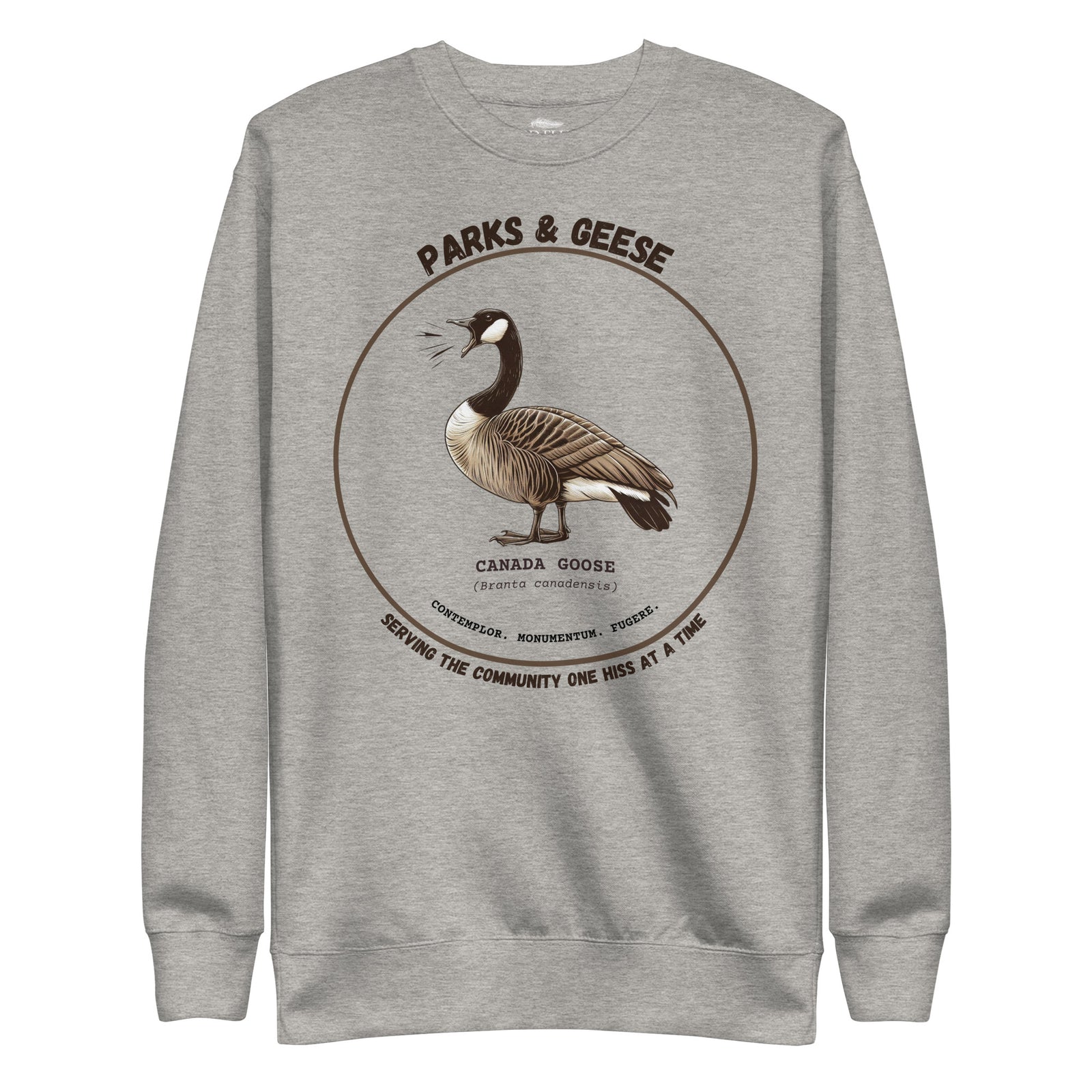 Unisex light heather gray bird sweatshirt with a canada goose on the front and a park department theme. 