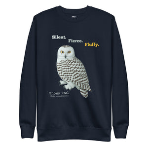 Navy blue sweatshirt with a snowy owl graphic and text on a white background