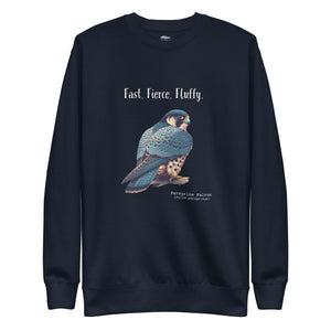 Navy crewneck bird sweatshirt with a peregrine falcon under the words, Fast, Fierce, Fluffy.