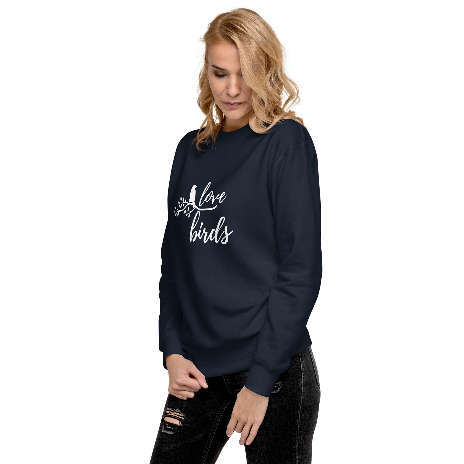 Black birding sweatshirt with the words Love birds and a graphic of a bird on a branch in white.