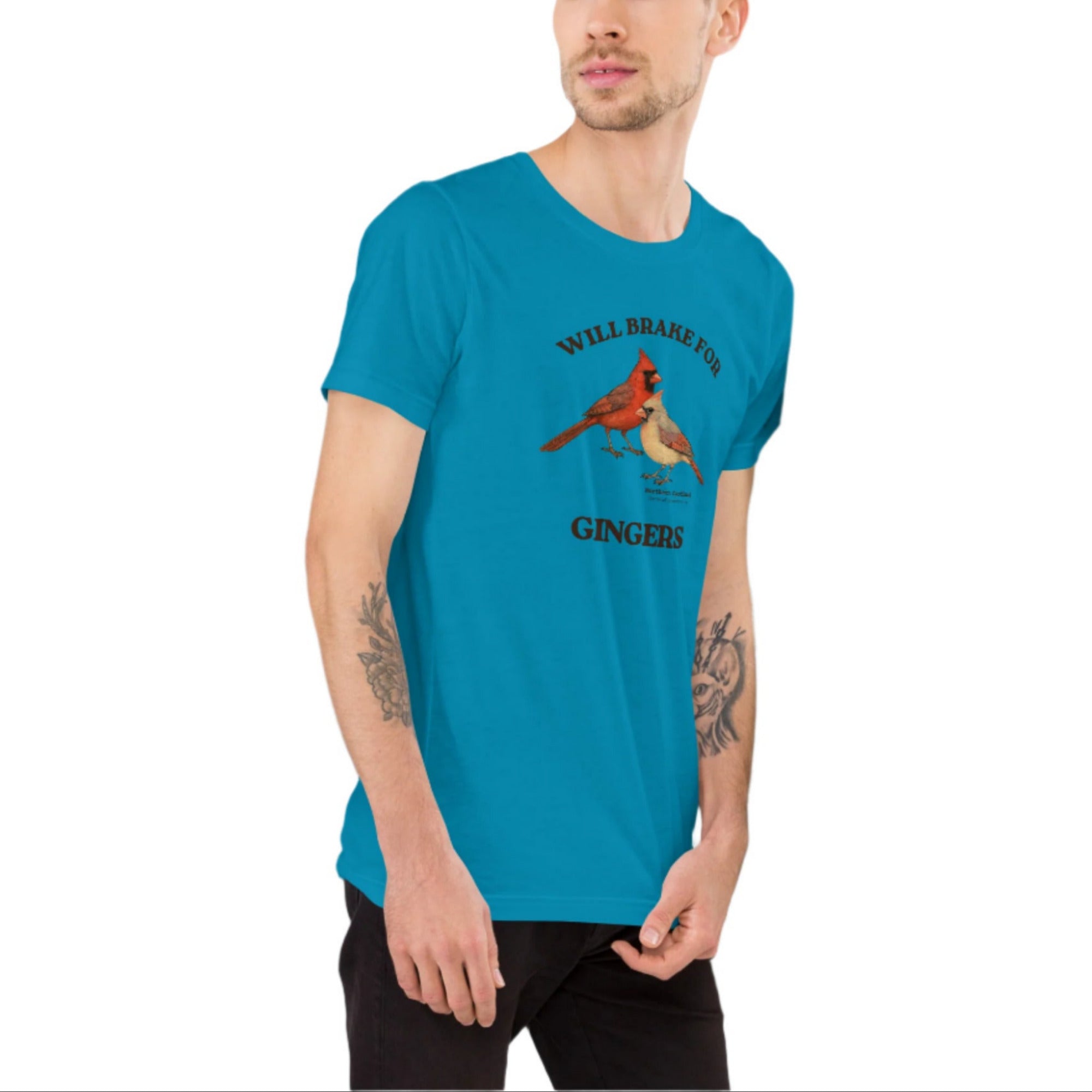 Aqua blue bird shirt with a male and female northern cardinal and the words, "Will Brake for Gingers" worn by a man.