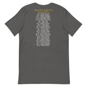 Concert style unisex fit tee in gray; featuring an American Robin. View shows back of shirt which has dates and names of towns across America where you might hear an American Robin.
