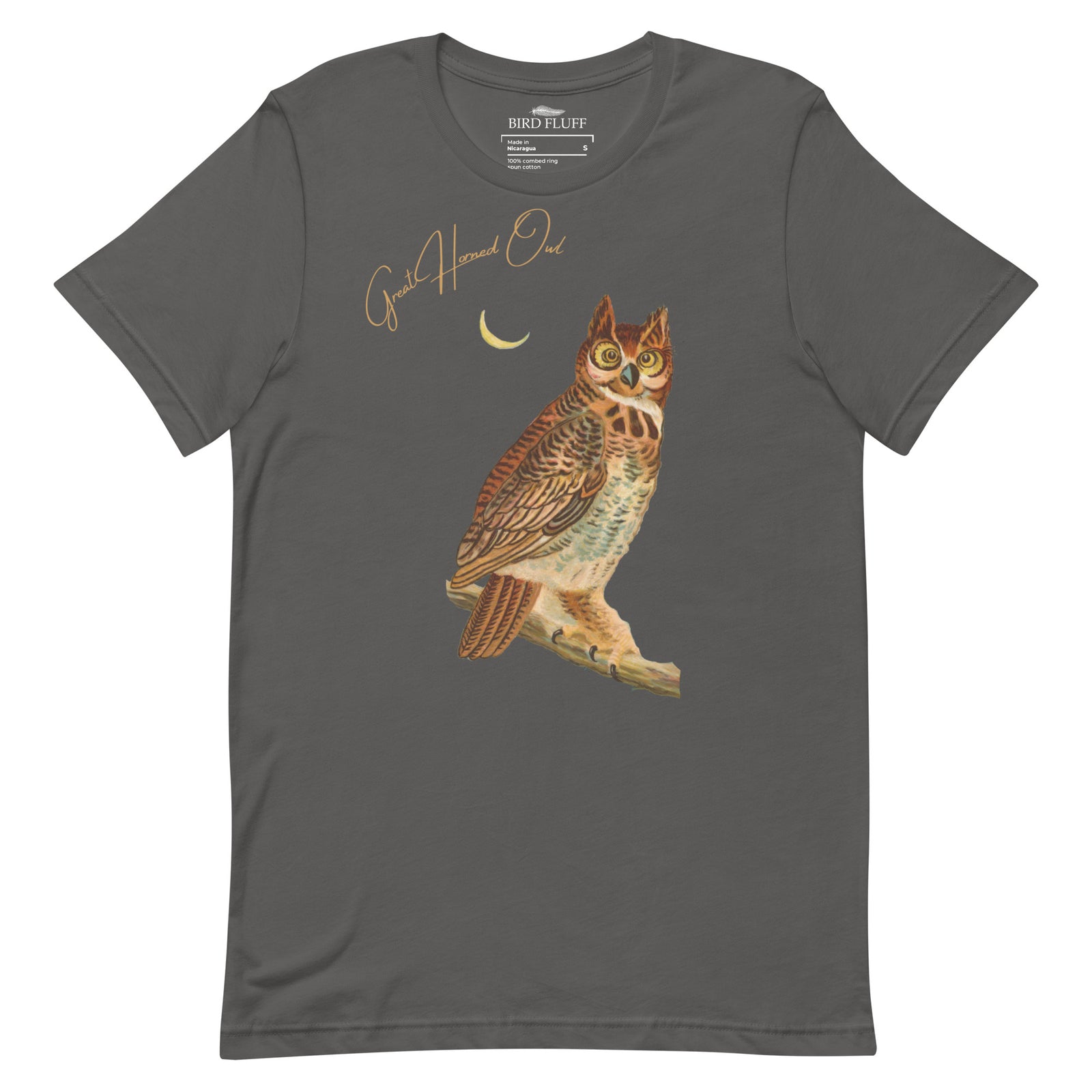 Dark gray bird shirt with vintage owl art and the words "Great Horned Owl" on the top right. 
