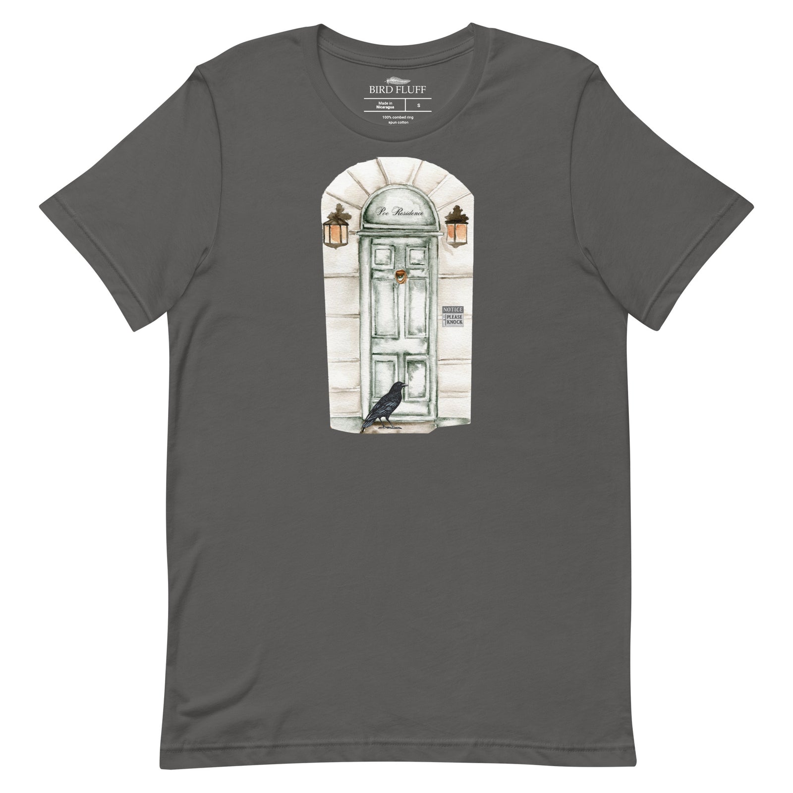 Gray t-shirt with a graphic of a door and a Raven.
