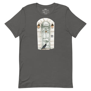 Gray t-shirt with a graphic of a door and a Raven.