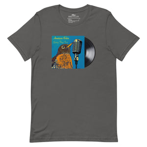 Concert style unisex fit tee in gray; featuring an American Robin. 