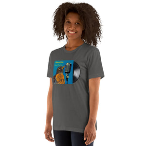 Concert style unisex fit tee in gray; featuring an American Robin. Worn by a woman.