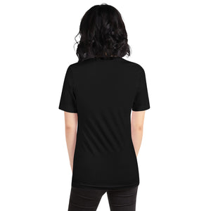 Person wearing a black t-shirt on a white background view is from behind so no graphics are shown.