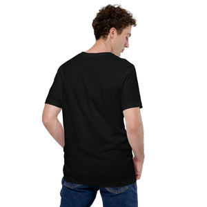 Person wearing a black t-shirt on a white background