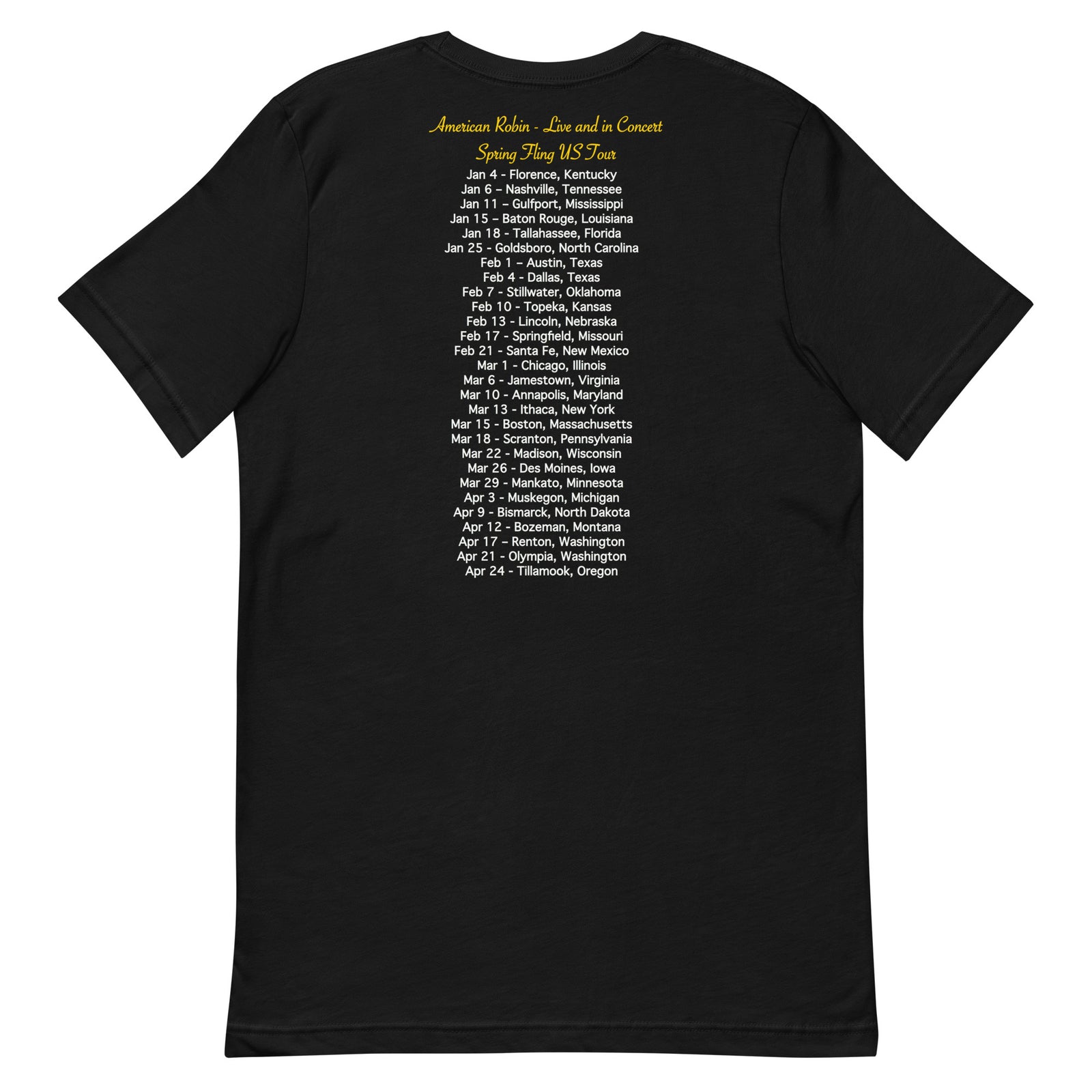 Concert style unisex fit tee in black; featuring an American Robin. 