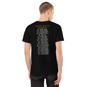 Concert style unisex fit tee in black; featuring an American Robin. View shows back of shirt which has dates and names of towns across America where you might hear an American Robin.