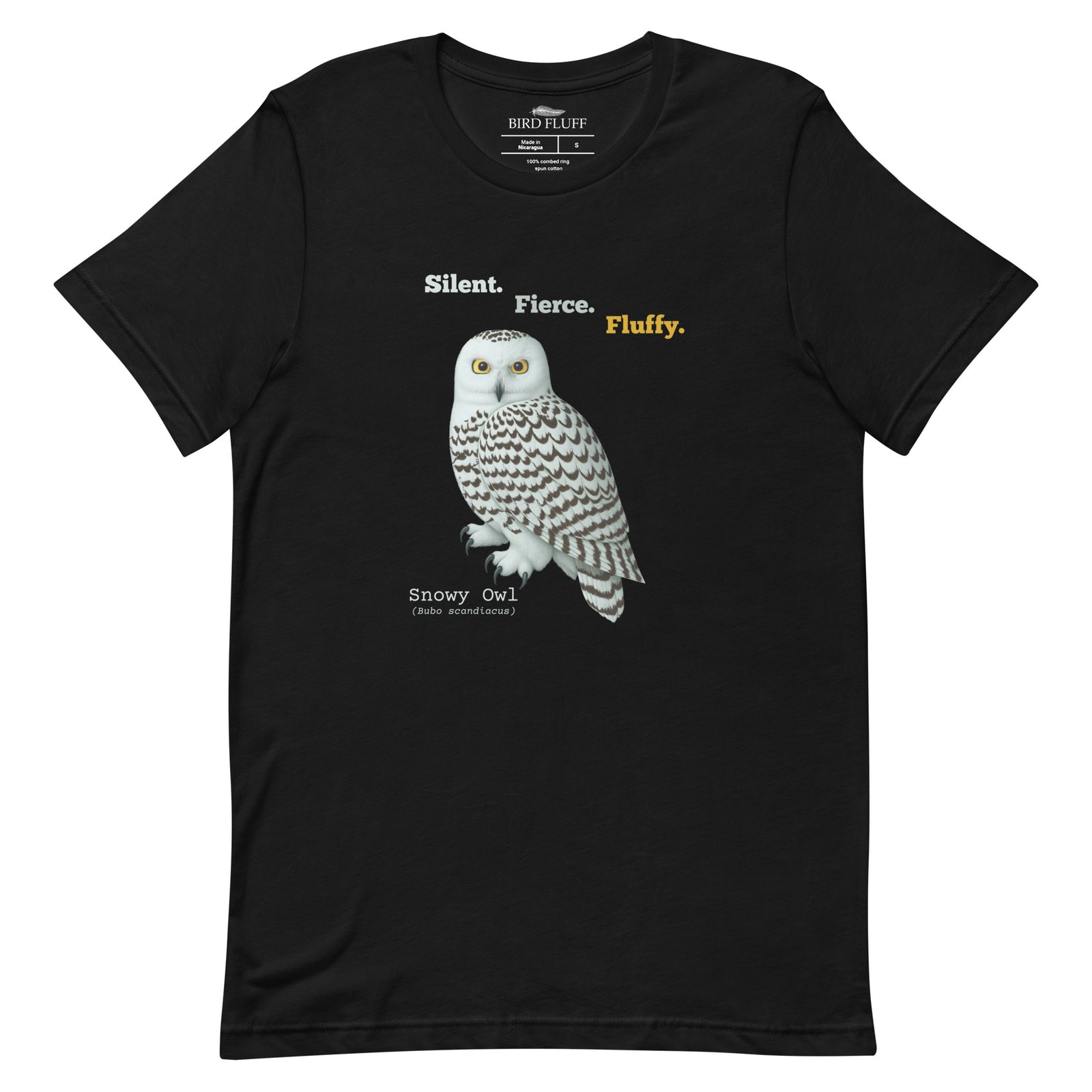 Black t-shirt with a snowy owl graphic and text on a white background