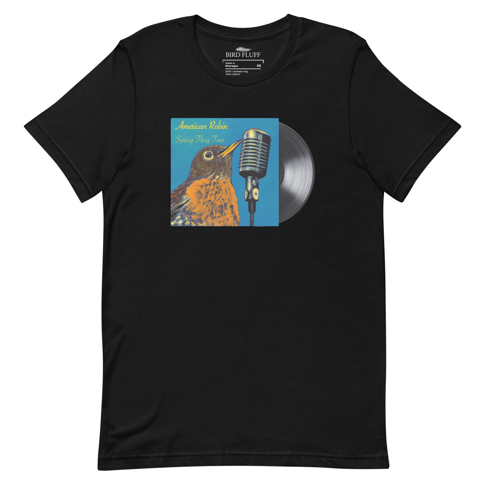 Concert style unisex fit tee in black; featuring an American Robin. 