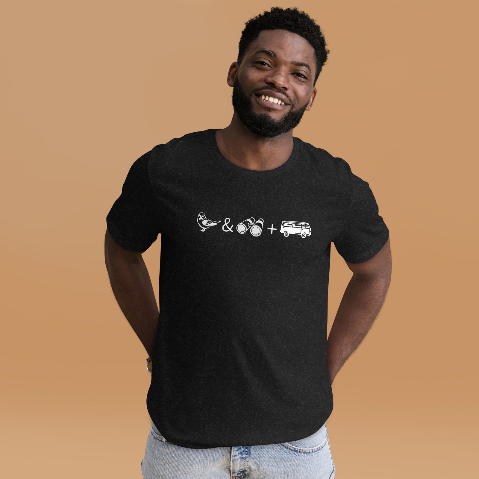 Black unisex bird t-shirt with graphics of binoculars, birds and a van.