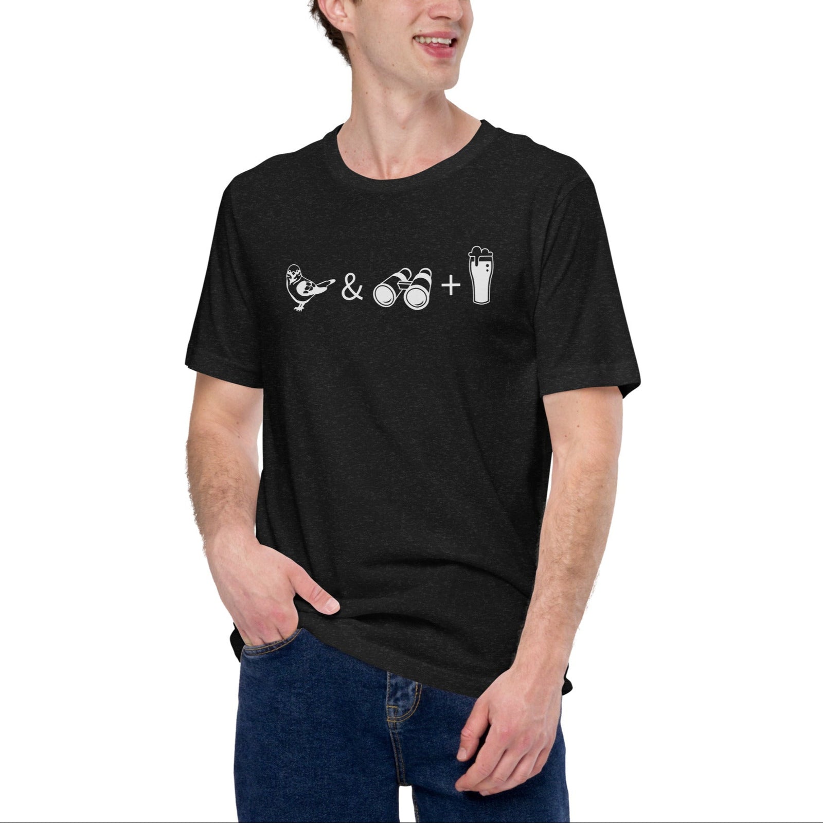 Unisex dark heather black bird t-shirt celebrating bird watching and beer with a graphic of binoculars, a bird, and a glass of beer. 