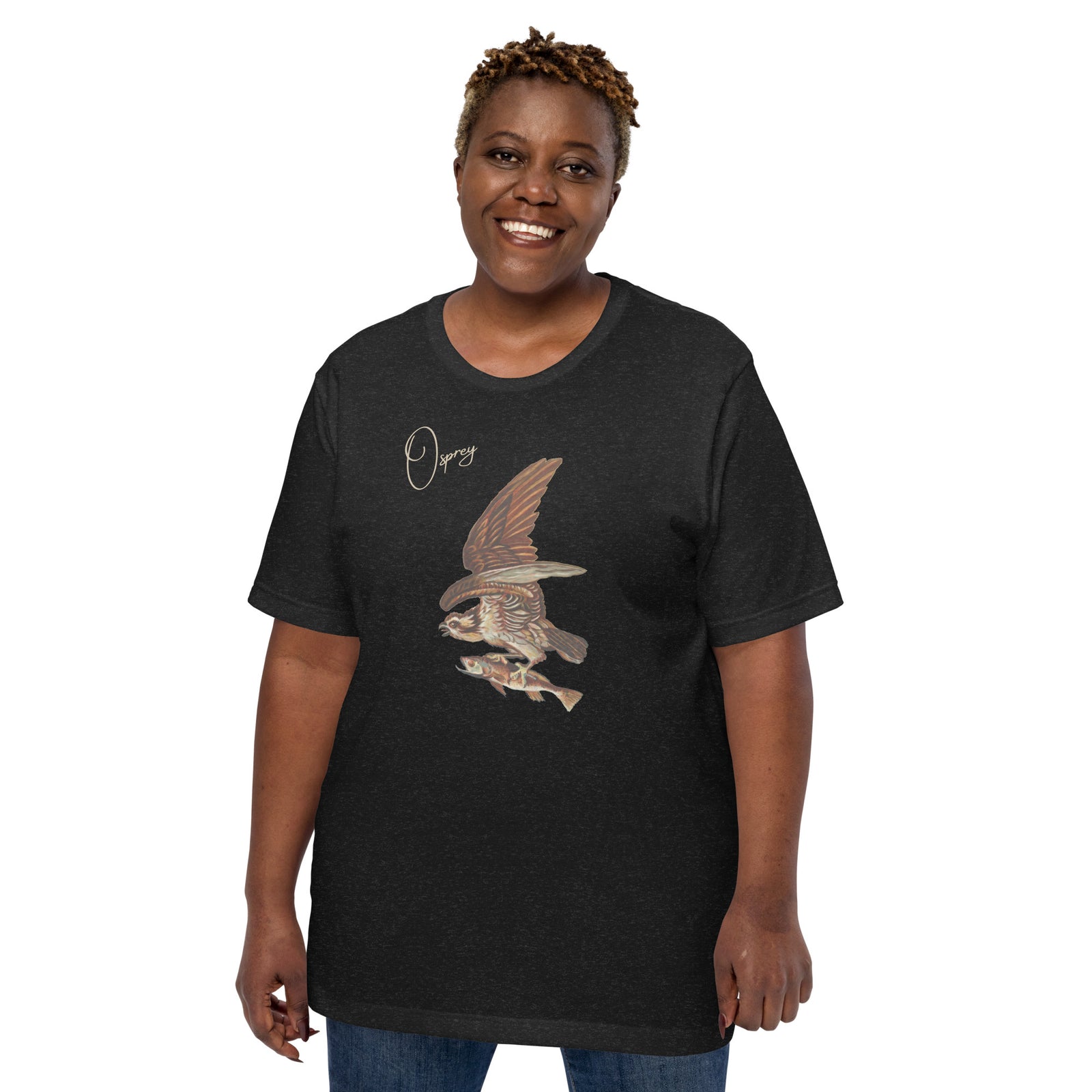 Dark gray bird shirt with vintage art of an osprey with a fish in its talons and the word "Osprey in the top right.