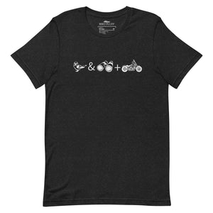 Unisex black bird t-shirt celebrating bird watching and motorcycling with a graphic of binoculars, a bird, and a motorcycle. 