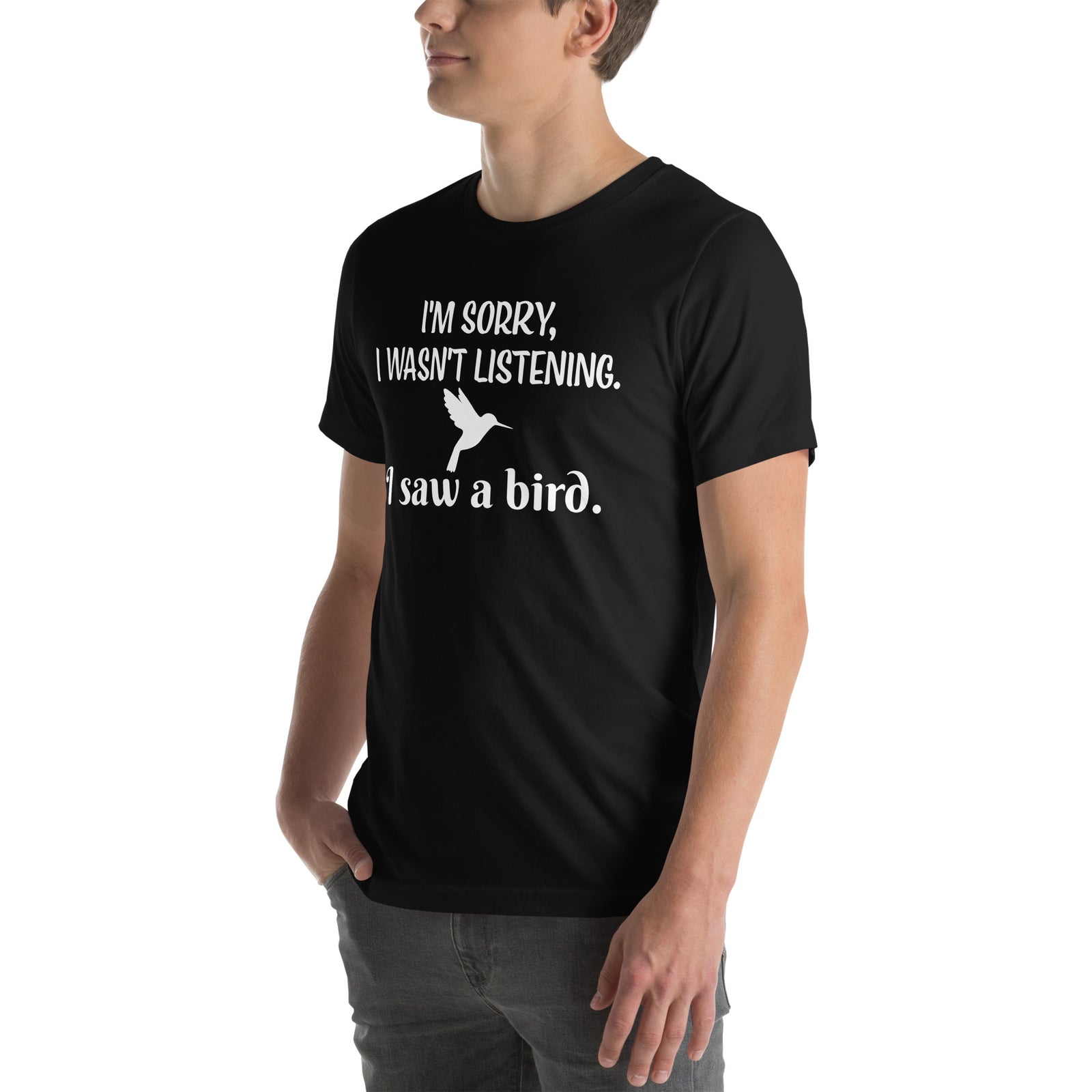 Maroon bird t-shirt with the words I'm sorry I wasn't listening, I saw a bird. And a graphic of a hummingbird flying. 