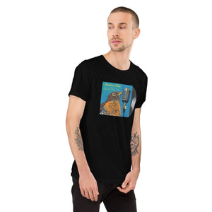 Concert style unisex fit tee in black; featuring an American Robin. Worn by a man.