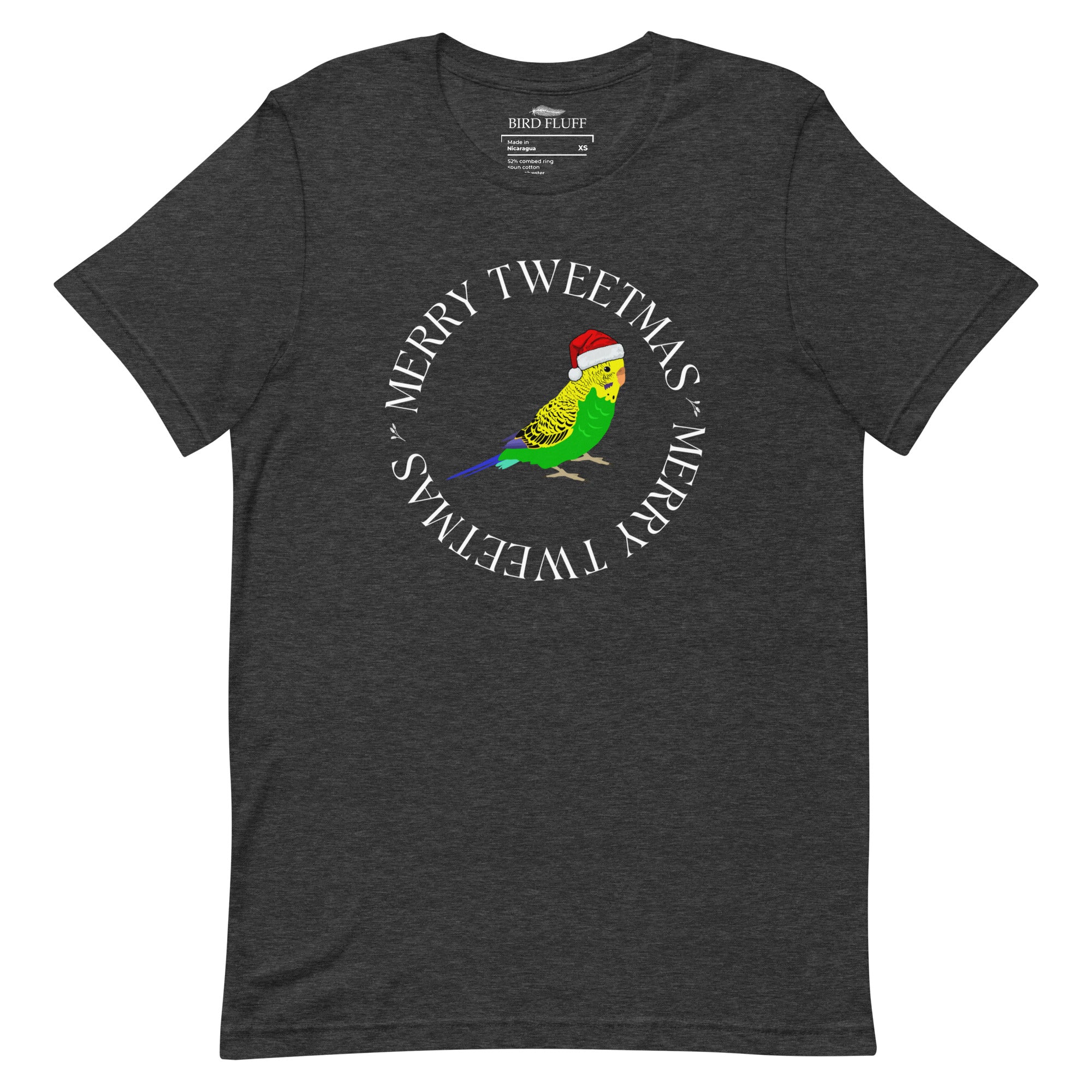 Dark heather grey unisex bird t-shirt with a budgie in a santa hat surrounded by the words Merry Tweetmas, separated by to seed sprigs.