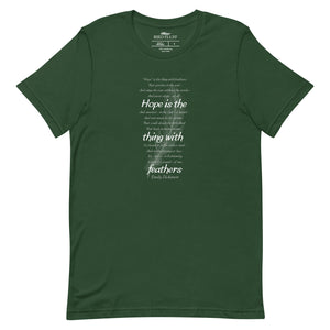 Green t-shirt with Emily Dickinson's Hope is the Thing with Feathers poem in white text.