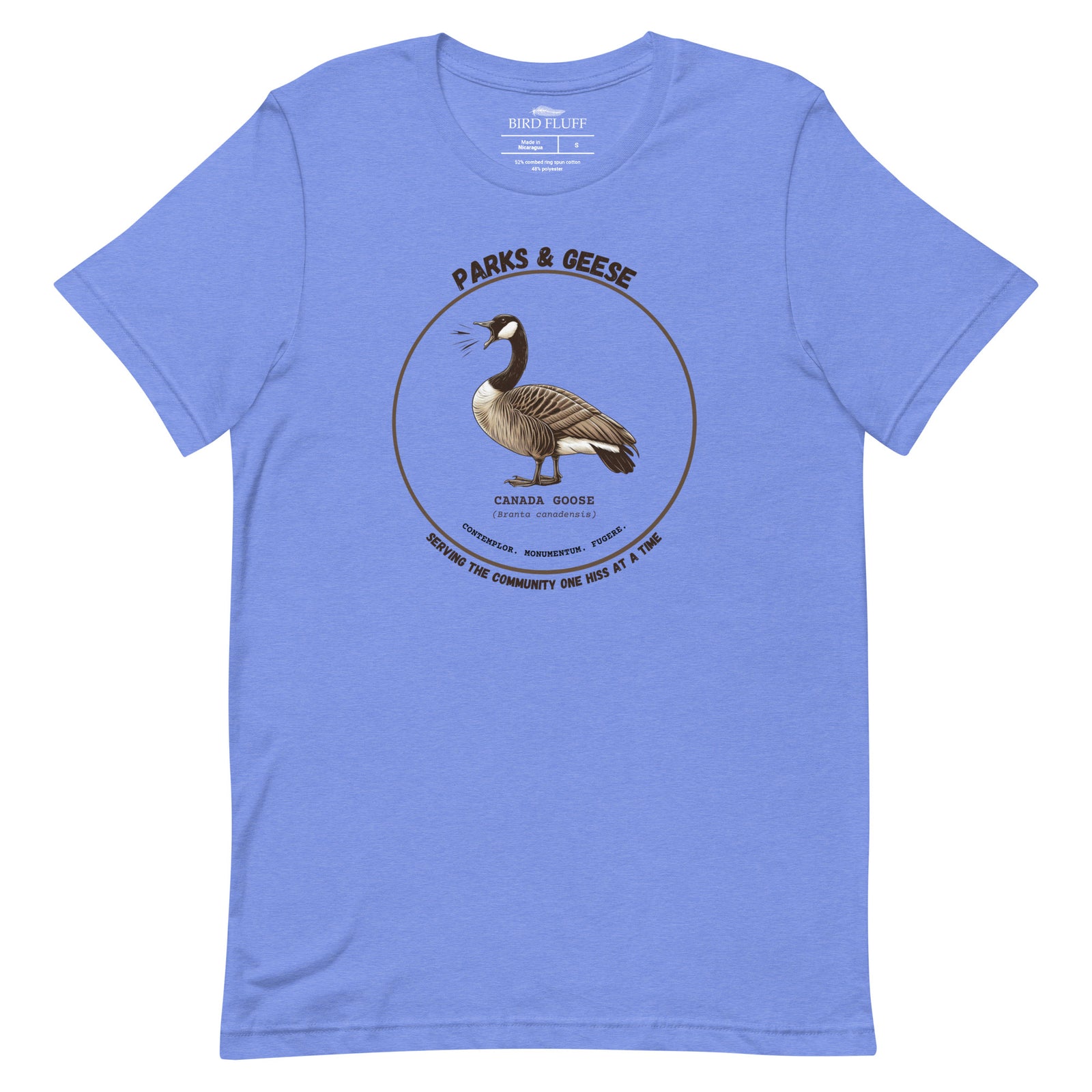 Unisex heather bright blue bird shirt with a canada goose on the front and a park department theme. 