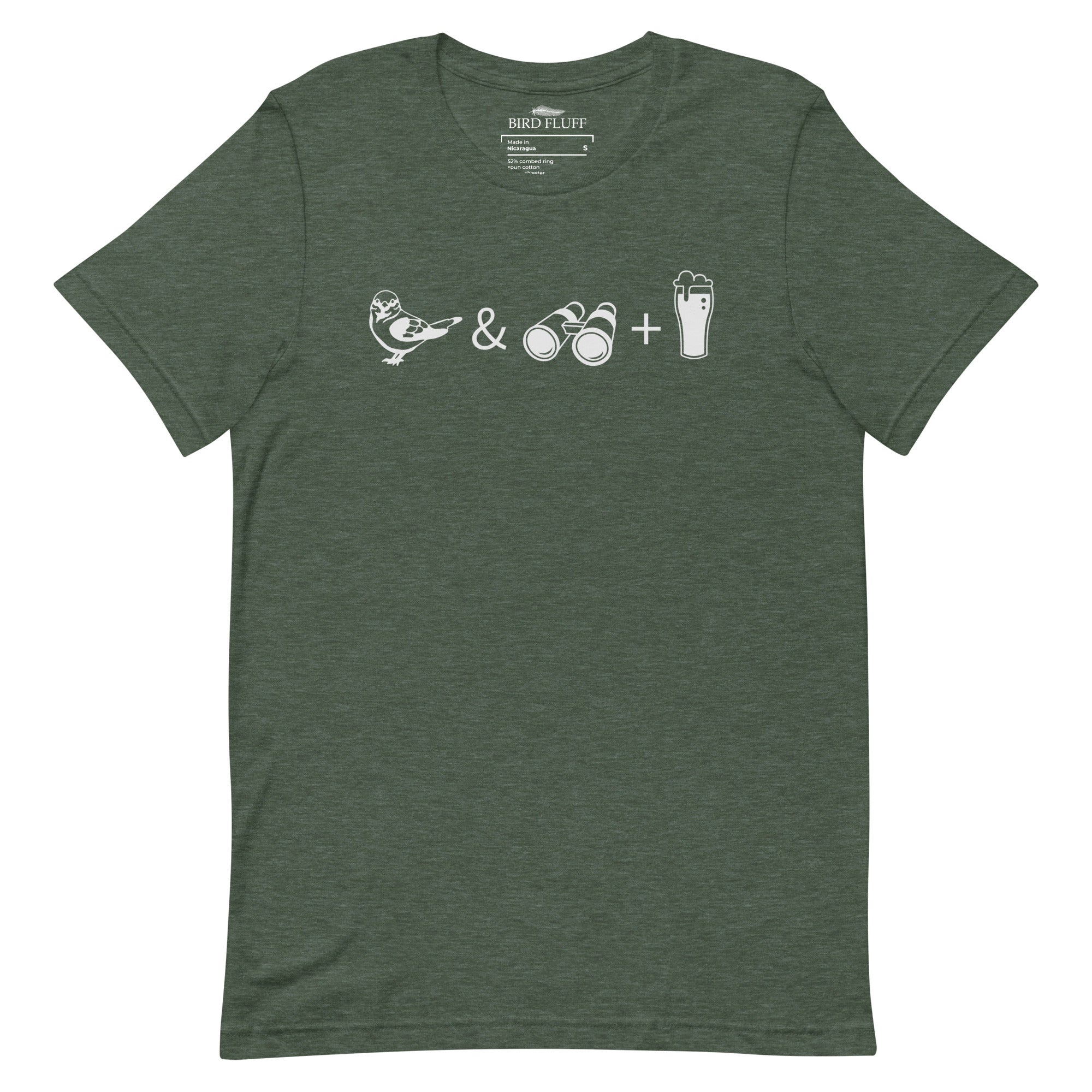 Unisex heather green bird t-shirt celebrating bird watching and beer with a graphic of binoculars, a bird, and a glass of beer. 