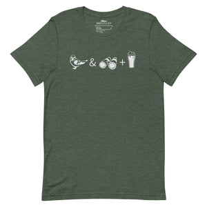 Unisex heather green bird t-shirt celebrating bird watching and beer with a graphic of binoculars, a bird, and a glass of beer. 