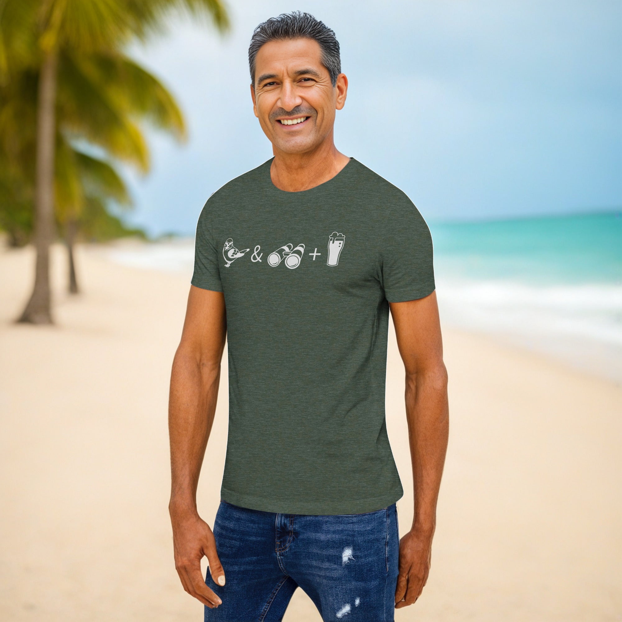 Unisex heather green bird t-shirt celebrating bird watching and beer with a graphic of binoculars, a bird, and a glass of beer.  Worn by a man.