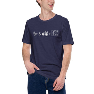 Unisex navy blue heather bird t-shirt celebrating bird watching and the backcountry with a graphic of binoculars, a bird, and a map. Worn by a man.