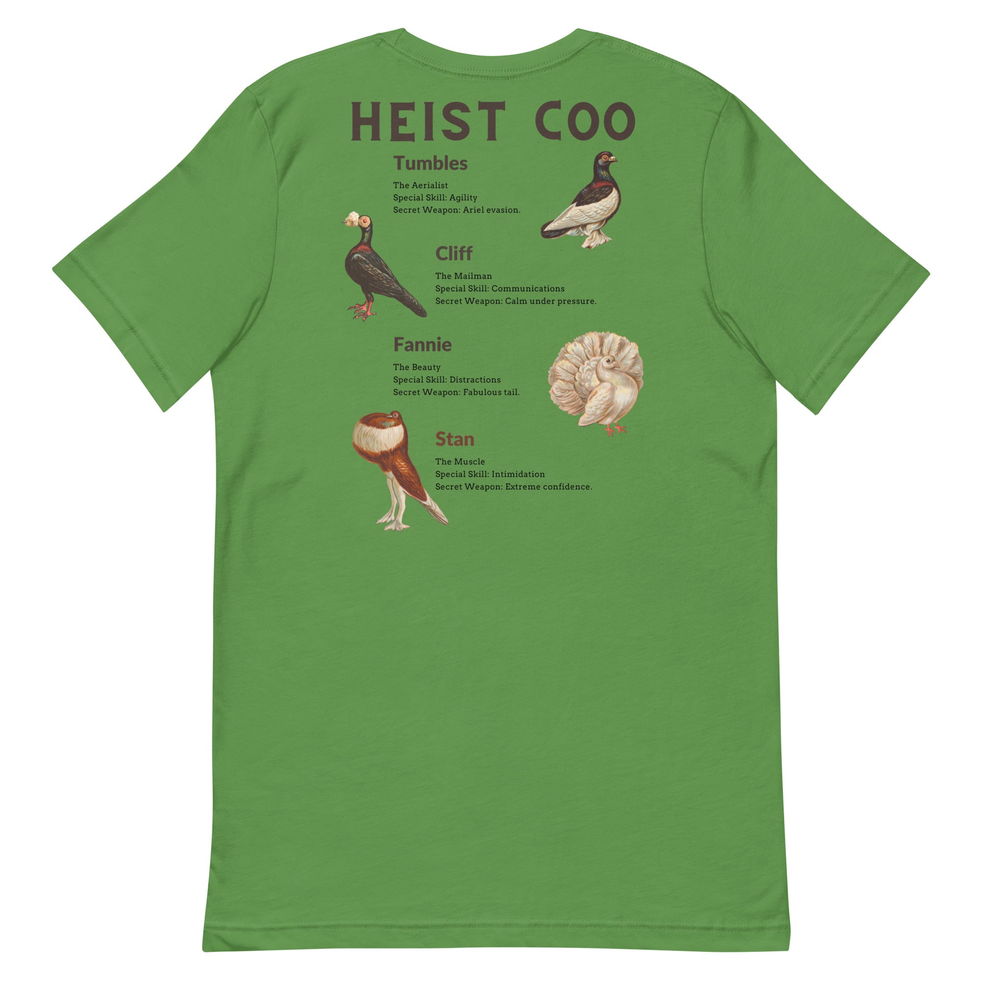 Off white bird t-shirt featuring a posse of show pigeons and describing their specific set of skills on the back of the shirt.. Front of shirt is shown with each pigeon in its own circle down the left side.