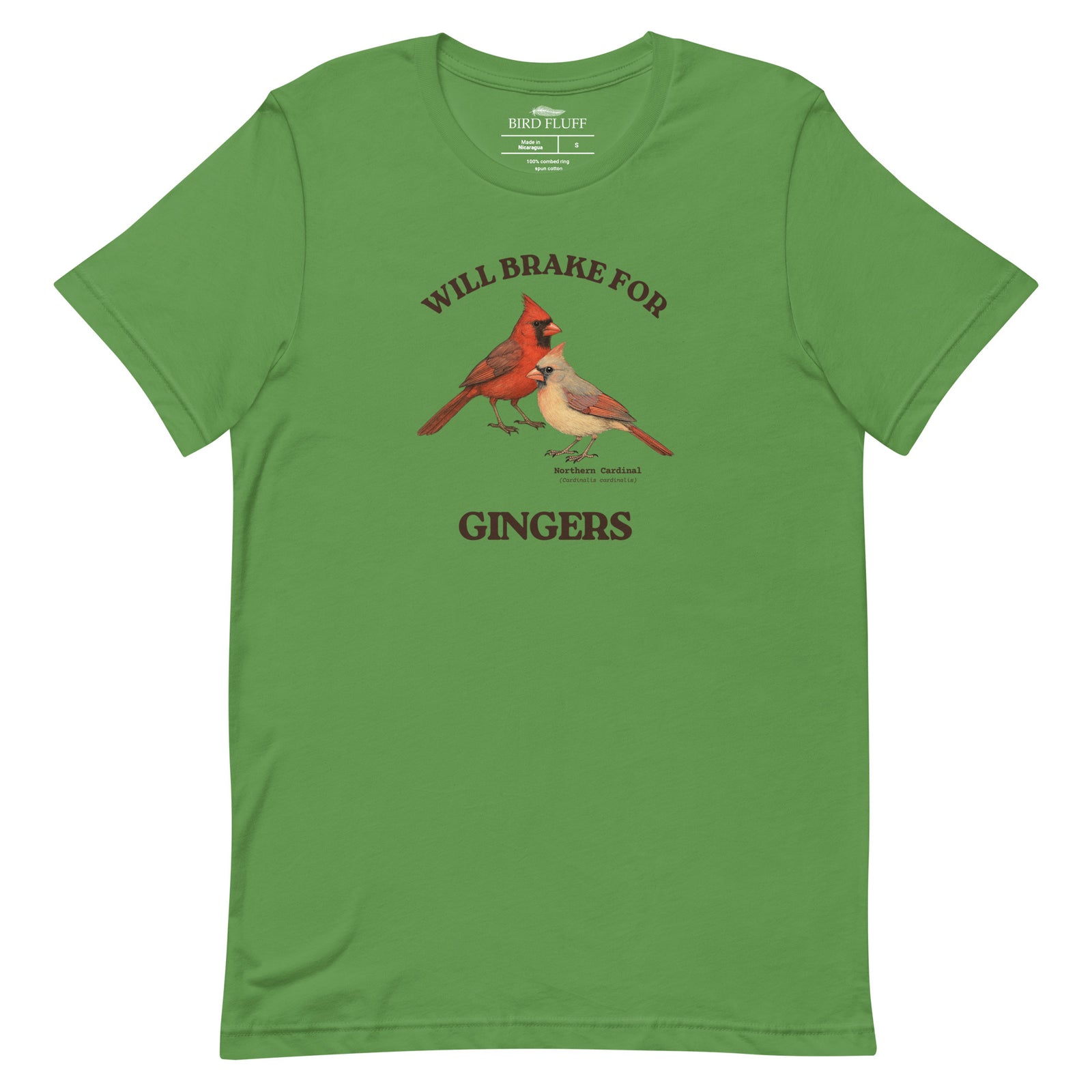 Leaf green bird shirt with a male and female northern cardinal and the words, "Will Brake for Gingers"