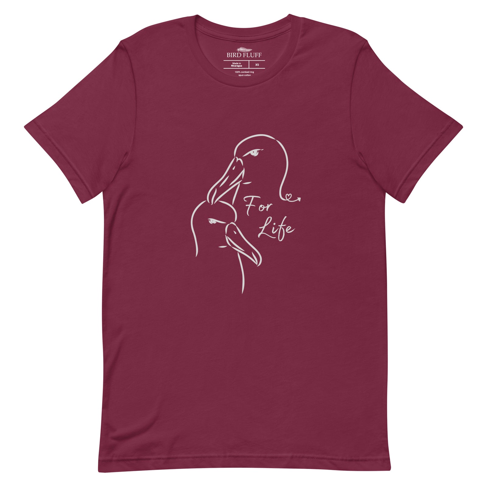 Maroon unisex bird shirt featuring a line drawing of two Albatross heads and the words "For Life" on the front. 