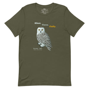 Green t-shirt with a snowy owl graphic and text on a white background