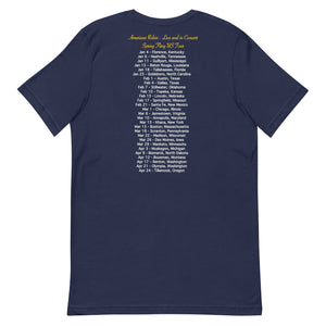Concert style unisex fit tee in navy blue; featuring an American Robin. View shows back of shirt which has dates and names of towns across America where you might hear an American Robin.