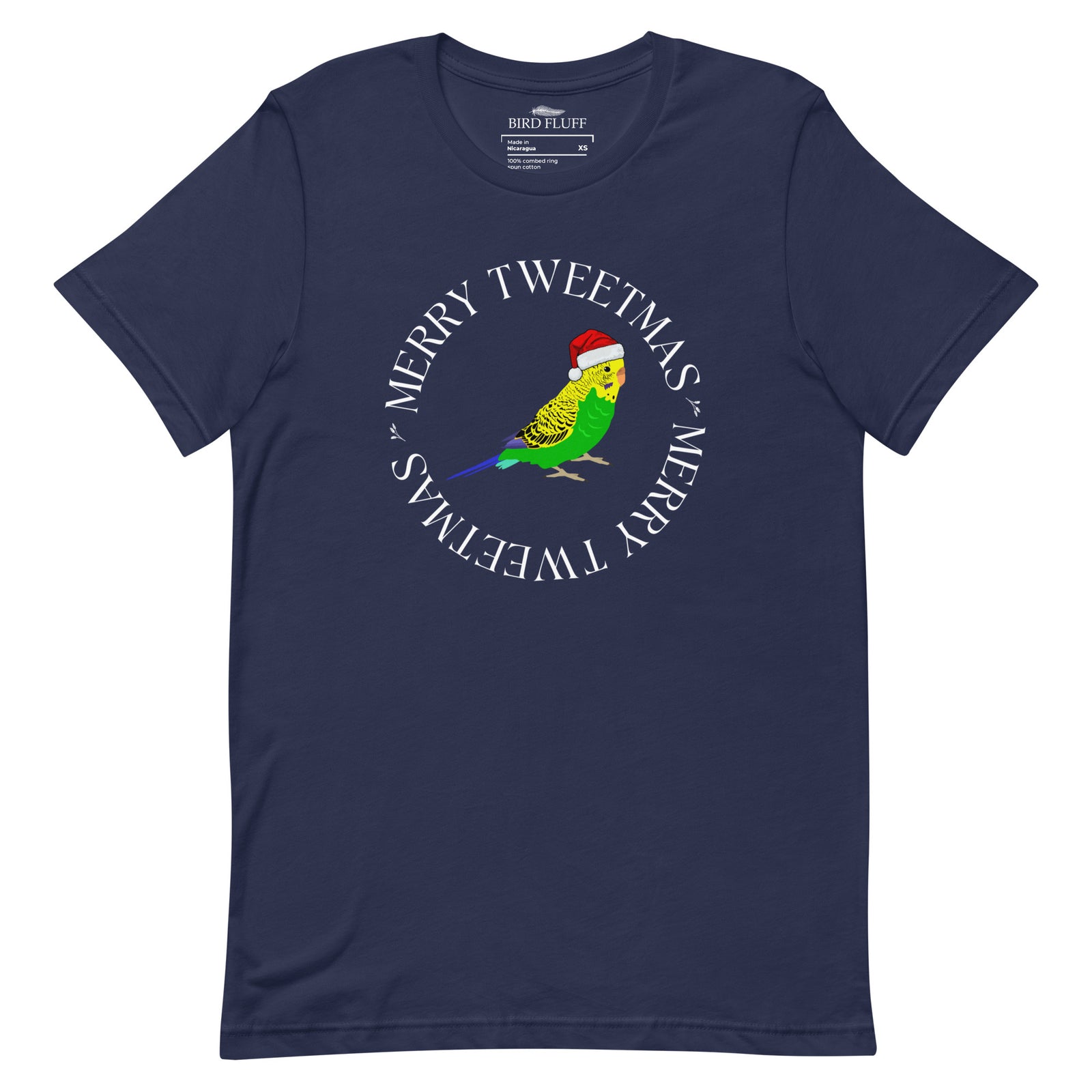 Navy blue unisex bird t-shirt with a budgie in a santa hat surrounded by the words Merry Tweetmas, separated by to seed sprigs.