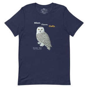 Navy blue t-shirt with a snowy owl graphic and text on a white background