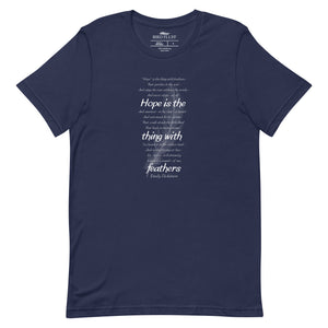 Navy t-shirt with Emily Dickinson's Hope is the Thing with Feathers poem in white text.